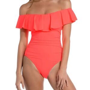 LA BLANCA Off The Shoulder One-piece Swimsuit In Hot Coral
